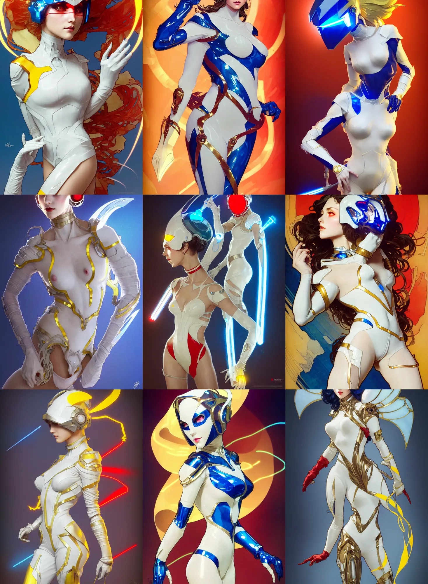 Image similar to a full body character design by artgerm, greg rutkowski and alphonse mucha. sci - fi dagger. laser white and yellow tape and red translucent plastic tape project show attctive showgirl!! sci - fi helmet electric blue eyes!! sharp edges. contour light effect!! ultra detailed, elegant, intricate, octane render.