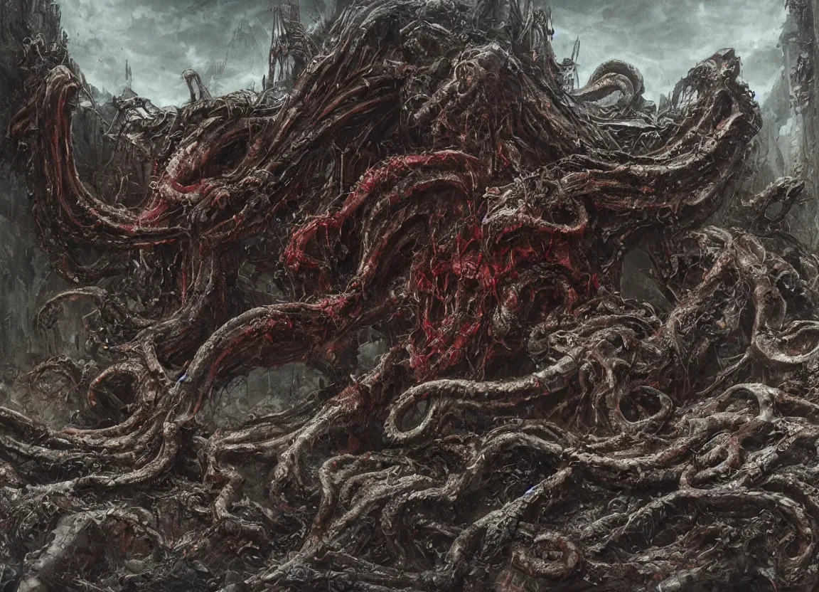 Image similar to Giant tentacle fanged monster flying in the road of the ruined city. Drops of blood and meat with veins on the road. Ruins. Dark colors, high detail, hyperrealism, horror art, 8k, concept art, intricate details, octane render, masterpiece, art by Ayami Kojima, Beksinski, Giger