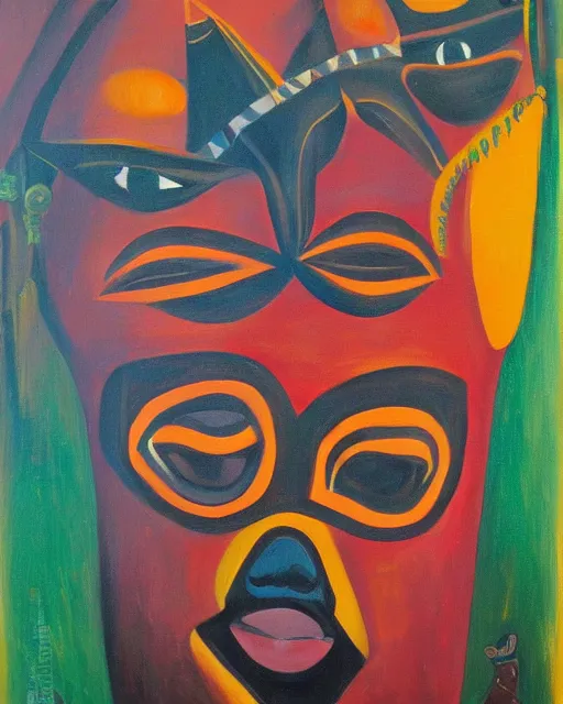 Image similar to Burkina Faso masquerade, painting by Toni Toscani, oil on canvas