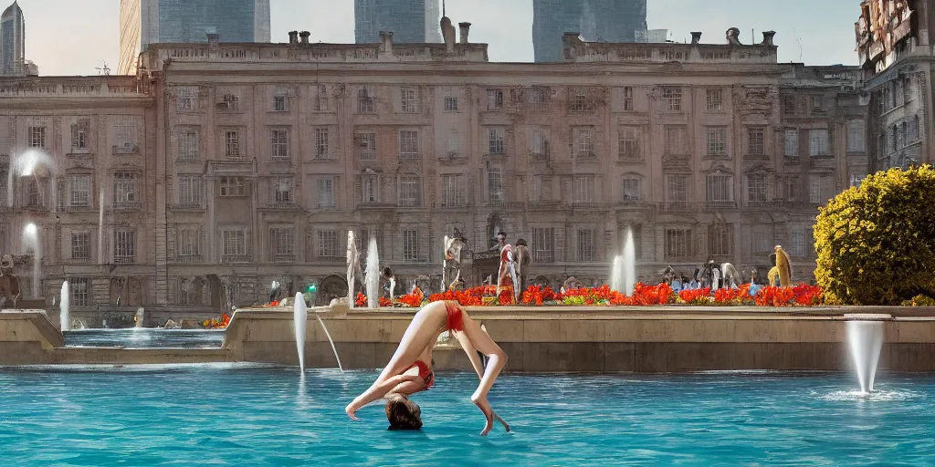 Prompt: a very high resolution image from a new movie, upside - down building and fountain, beautiful scenery, photorealistic, photography, directed by wes anderson