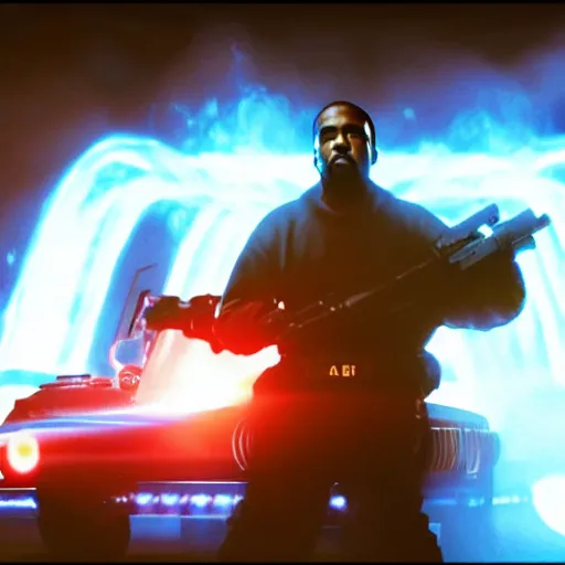 Prompt: kanye west in ghostbusters game, splash art, movie still, cinematic lighting, dramatic, octane render, long lens, shallow depth of field, bokeh, anamorphic lens flare, 8 k, hyper detailed, 3 5 mm film grain