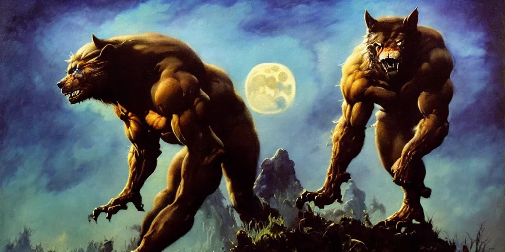 Prompt: by frazetta , panoramic close up of realistic werewolf , full body backlight ,top light ,full body portrait ,highly textured oil painting ,jungle ,cyan graveyard with backlight from the moon ,foggy background ,with dramatic sky ,clouds and giant oversized moon and storm