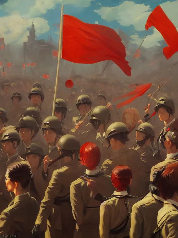 Prompt: classical oil painting of anime key visual environment concept art of a fascist regime rally 1 9 4 5, alternate universe matriarchy, nationalism, red flags, dictator, trending on artstation, brush strokes, oil, canvas, style of kawacy makoto shinkai jamie wyeth james gilleard edward hopper greg rutkowski, preserved historical