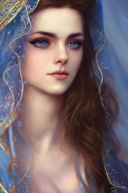 Prompt: A beautiful gorgeous female Arabian character portrait with wavy hair, blue eyes, transparent veil, cinematic lighting, hyper-detailed, cgsociety, 8k, high resolution, in the style of Charlie Bowater, Tom Bagshaw, Alexis Franklin, Elena Masci, Pawel Rebisz