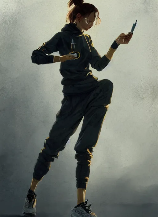 Image similar to russian slav heroine wearing an addidas tracksuit squatting with whiskey in one hand and a cigarette in the other hand. by greg rutkowski and wlop, detailed, cinematic, artstation, 8 k, intricate, rule of thirds.