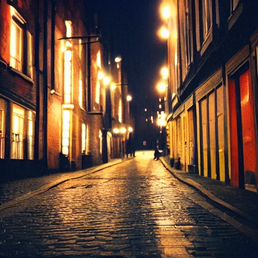 Prompt: photo, london cobblestone street at night, 5 0 mm f / 1. 4, cinestill 8 0 0,