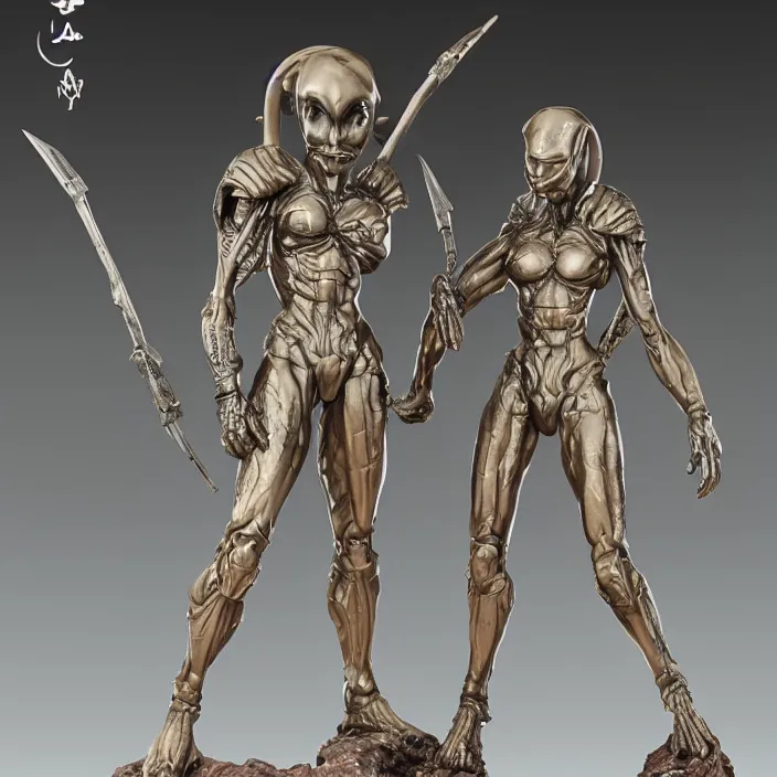 Image similar to 80mm resin detailed miniature of a Alien and a Female warrior, Product Introduction Photos, 4K, Front view, Full body