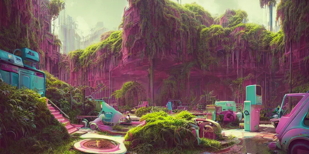 Prompt: 80s outdoor retro arcade, pastel colors, desolate, lush vegetation, moody:: by beeple and James Gilleard and Justin Gerard :: ornate, dynamic, particulate, intricate, elegant, highly detailed, centered, artstation, smooth, sharp focus, octane render, 3d