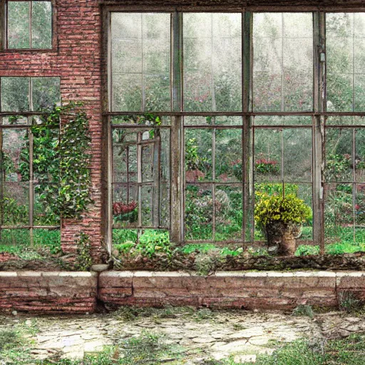 Prompt: a realistic digital painting of a dimly lit stone garden inside an abandoned greenhouse