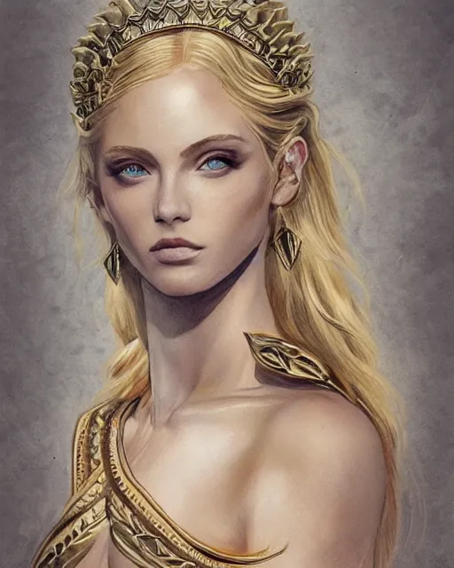 Image similar to tattoo design sketch of hot blonde super model as aphrodite greek goddess wearing a gold laurel wreath and triangle earrings, beautiful piercing gaze with sharp pupils, in the style of greg rutkowski, fantasy, amazing detail, epic, elegant, smooth, sharp focus, front view