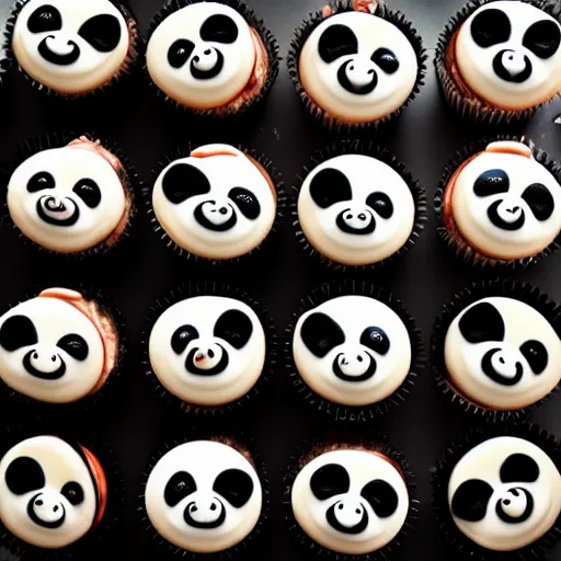 Prompt: beautiful panda cupcakes, food photography, centered, bokeh, studio lighting, sharp focus, sigma 3 0 mm f / 1. 4