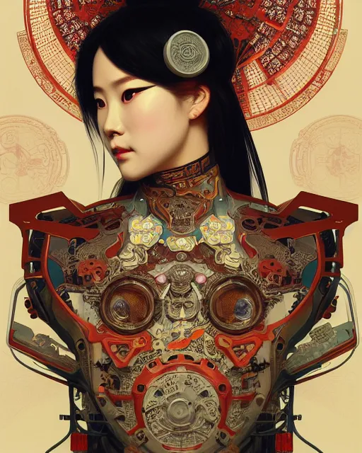 Image similar to portrait of a cyberpunk machine, machine face, upper half portrait, decorated with chinese opera motifs, asian, fine china, wuxia, traditional chinese art, intricate, elegant, highly detailed, symmetry, headpiece, digital painting, artstation concept art smooth sharp focus, illustration, art by artgerm and greg rutkowski alphonse mucha 8 k