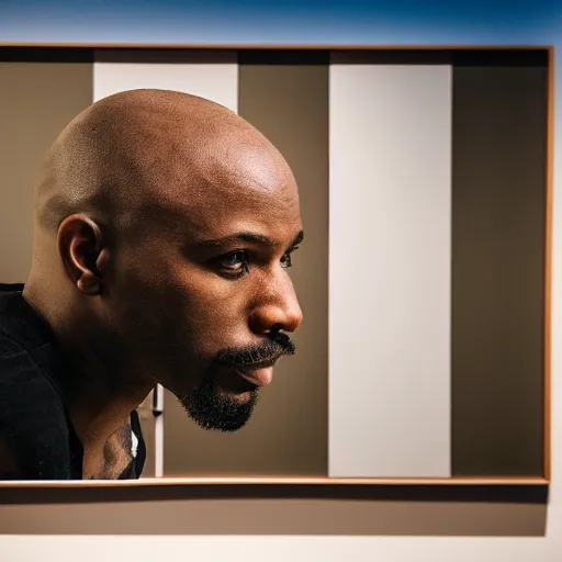 Image similar to a strikingly handsome bald 🧔🏿‍♂️ with a goatee viewing contemporary artwork at the Hirschhorn museum