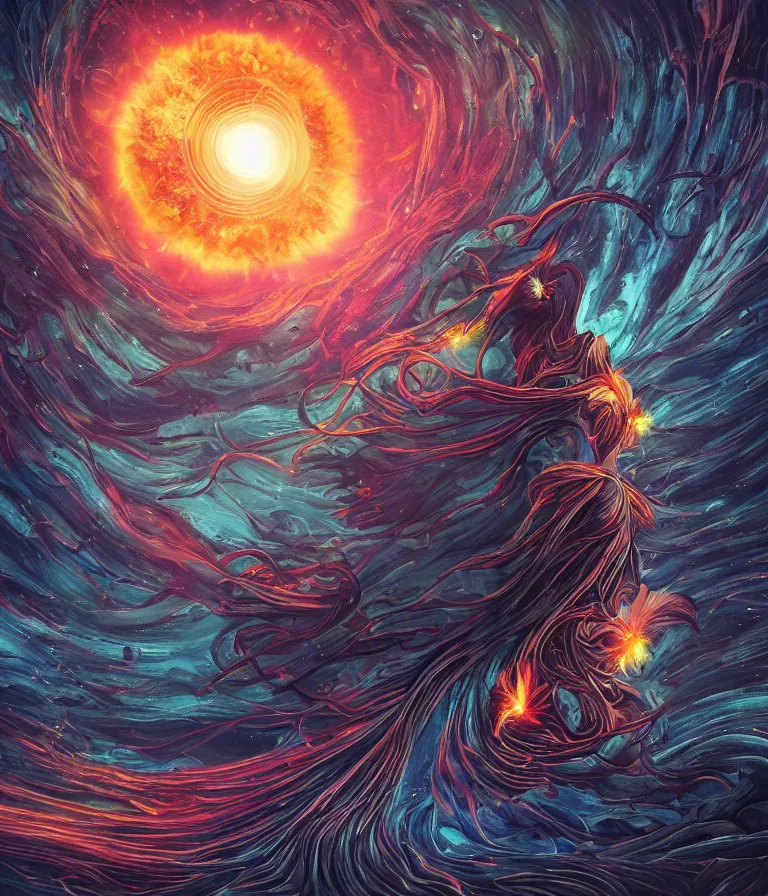 Image similar to impressive ominous cinematic fantastic realism comic book style painting of a spiraling exploding sun launching flowers across the dark cosmos, strange bouquets, lighting impressive masterpiece hyper ultra detailed intricate sharp focus 8 k realistic illustration canon eos r 3 fujifilm x - t 3 0 sony alpha, artgerm colorful!!!, trending on artstation behance cgsociety, octane render nvidia raytracing demo