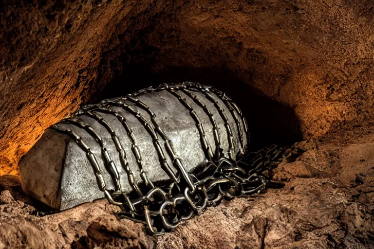 Image similar to middle of cave, light, bronze coffin, chain, medium gray, cinematic texture, high color contrast