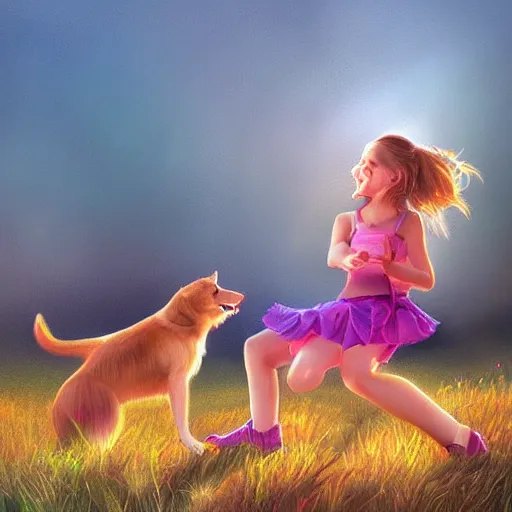 Image similar to semirealistic digital art of a girl playing with a dog, golden hour, detailed