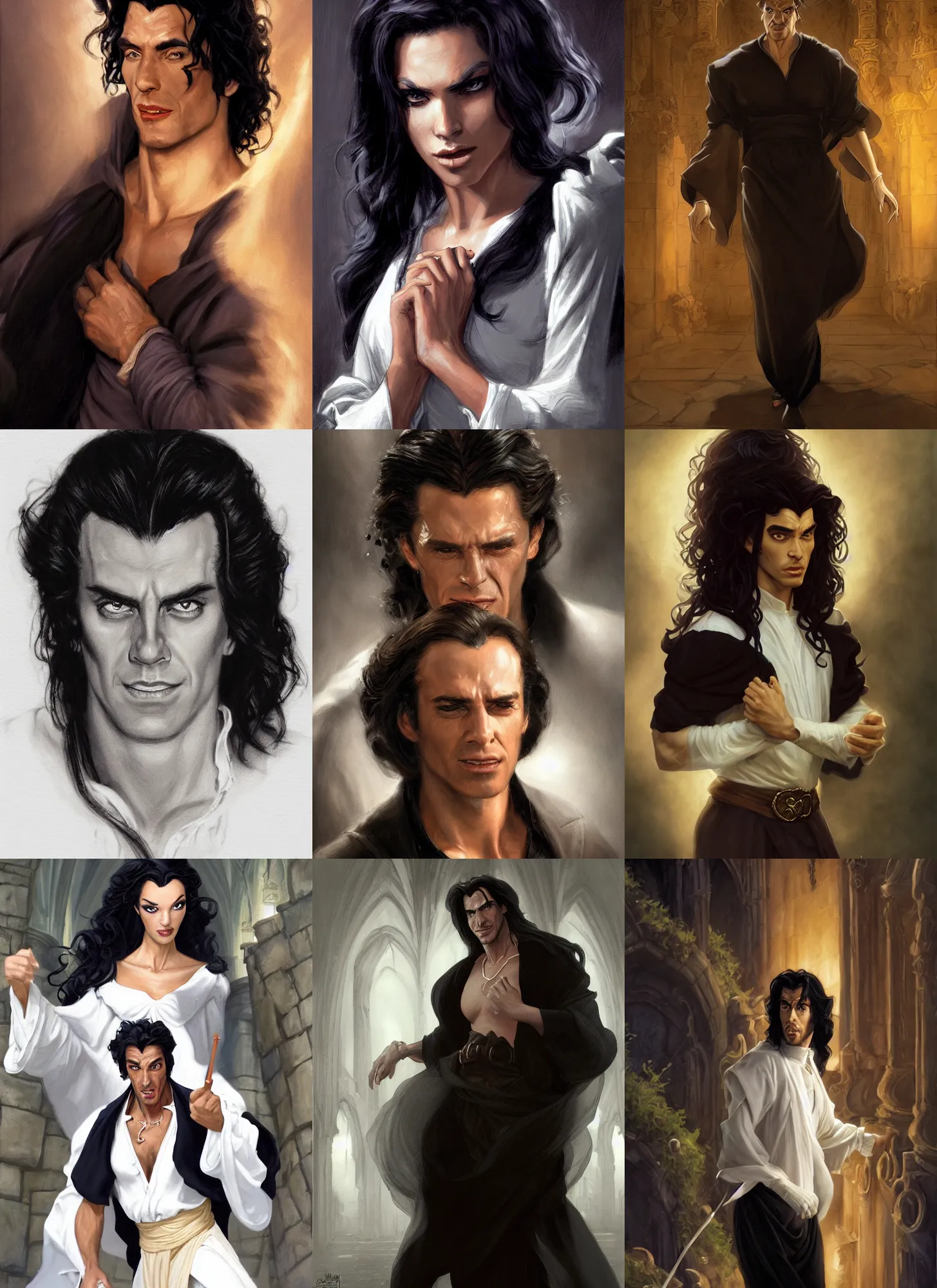 Prompt: a portrait of a male version of esmeralda from hunchback of notre dame, black elegant hair, white shirt, elegant clothing, handsome, style by donato giancola, wayne reynolds, jeff easley dramatic light, high detail, cinematic lighting, artstation, dungeons and dragons