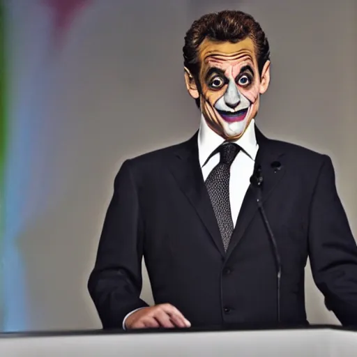 Prompt: Nicolas Sarkozy playing the Joker with makeup