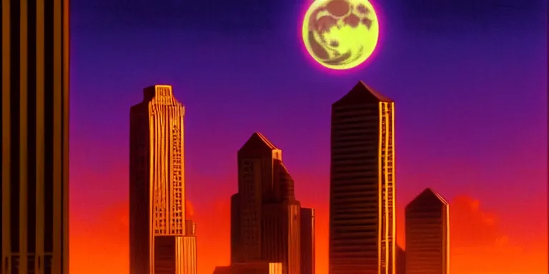 Image similar to an immaculate cinematic keyframe matte painting of a sleek 1 9 7 0 s vaporwave seattle at dusk with an oversized moon. by eric lafforgue, glennray tutor and edward hopper, greg rutkowski. trending on artstation.