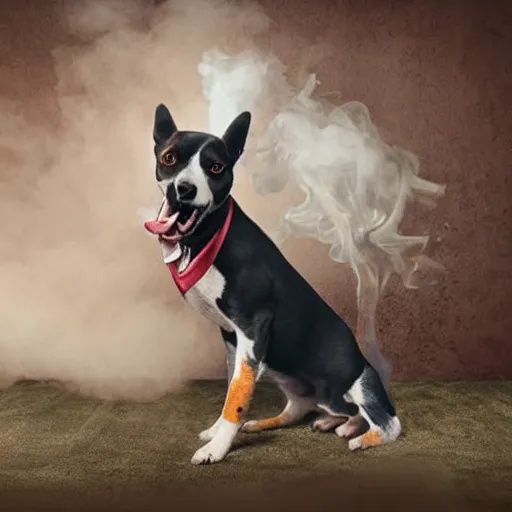 Prompt: Blue Heeler dog wearing a suit and smoking a cigar, holding a shotgun and pointing it at someone.