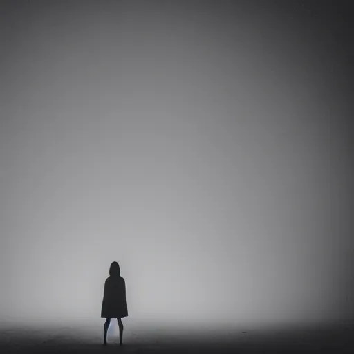 Image similar to dim lights shining through dark fog, emptiness, lonely girl standing small, silhouette, spooky found footage, dramatic contrast