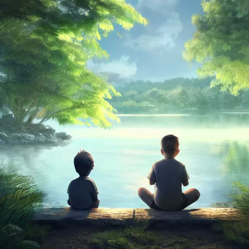 Image similar to a silver dragon and a boy sitting together next to a lake watching firefly at night in forest, concept art, dof, cryengine, digital art, detailed background, makoto shinkai