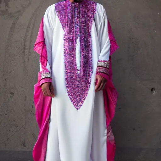 Image similar to a traditional arabic kaftan in a modern way, cyber punk, 2 0 7 7, fashion design, photography