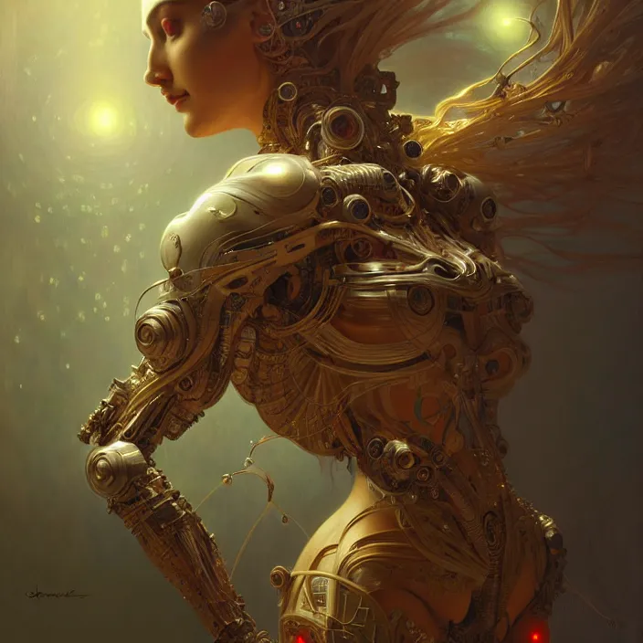 Prompt: organic cyborg, lakshmi, diffuse lighting, fantasy, intricate, elegant, highly detailed, lifelike, photorealistic, digital painting, artstation, illustration, concept art, smooth, sharp focus, art by john collier and albert aublet and krenz cushart and artem demura and alphonse mucha