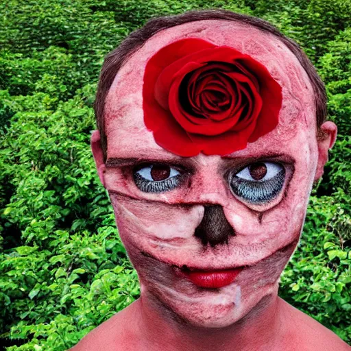 Image similar to a rose bush made out of human faces, skin, eyes, and meat.