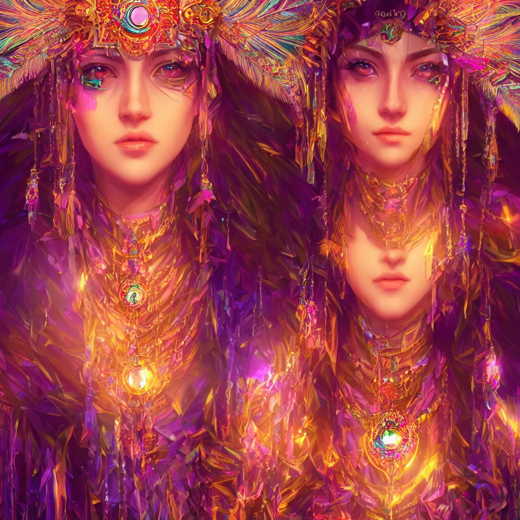 Image similar to portrait highly detailed beautiful symmetrical face high priestess intricate elegant detailed crystal jewellery with tribal feathers, lush colourful volumetric lighting, anime digital painting, concept art, smooth, sharp focus 3 d, divine realm of gods, realistic cinematic style, octane render, photographic, unreal engine 8 k