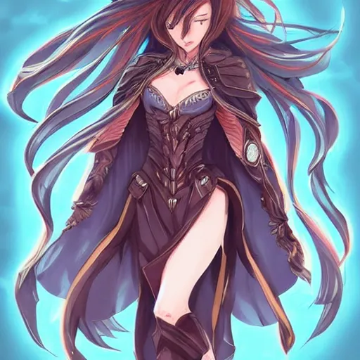 Prompt: “A detailed gorgeous beautiful anime woman with brown flowing hair, long blue-cape, decorative leather armor, great proportions, excellent detail, surrounded by a catacomb of books, high quality, Full-body character portrait, in the style of rossdraws”