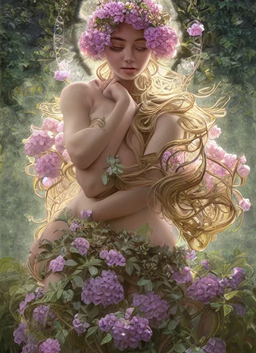 Prompt: a photographic portrait of a anthropomorphic hydrangea blossom goddess spirit, fantasy, wind blowing hair, intricate, elegant, highly detailed, digital painting, artstation, concept art, smooth, sharp focus, illustration, art by artgerm and h r giger and alphonse mucha