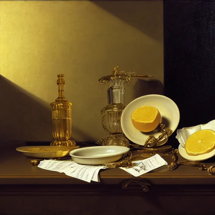 Image similar to still life painting of random vaporwave objects by pieter claesz, oil on canvas, strong lighting, highly detailed, hyper realism, golden hour, god rays, hd, 4 k