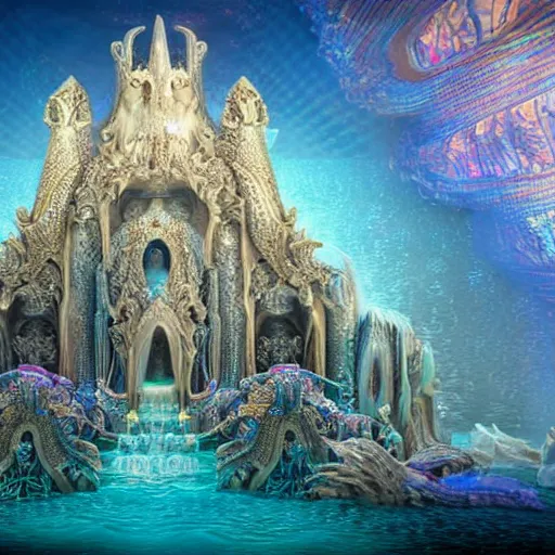Prompt: unreal engine, octane render, intricate detail, maximalist, gilbert williams portrait of a crystal temple in atlantis, iridescent dolphins swimming in the sea, unicorn flying in the sky, paleozoic atlantis