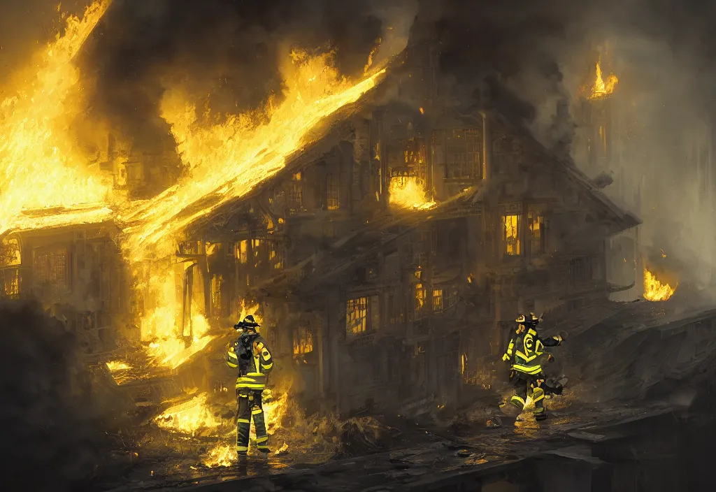 Image similar to an heroic firefighter in action in black and yellow uniform, inside the white house, fire flames, sharp details, sharp focus, photorealistic, octane, hyper detailed, trending on deviantart, illustration, by jordan grimmer and greg rutkowski and pine ( ハイネ ), intricate