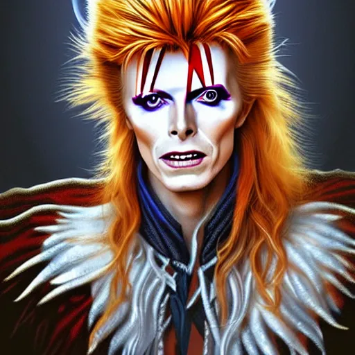 Prompt: Portrait of David Bowie as Jareth in Labyrinth, intricate wild highly detailed digital painting artstation concept art smooth sharp focus illustration art by artgerm