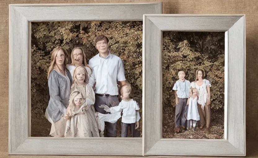 Image similar to storybook illustration of family photo portraits in picture frames on a wall, watercolor, sepia tints