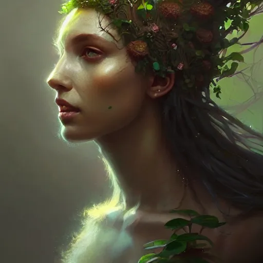 Image similar to a beautiful portrait of a plant goddess by Greg Rutkowski and Raymond Swanland, Trending on Artstation, ultra realistic digital art