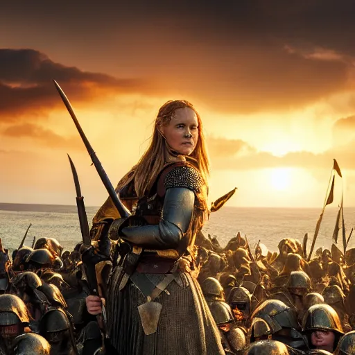 Image similar to an old norse queen going to war with her army, golden hour, 8 k uhd, awe - inspiring.