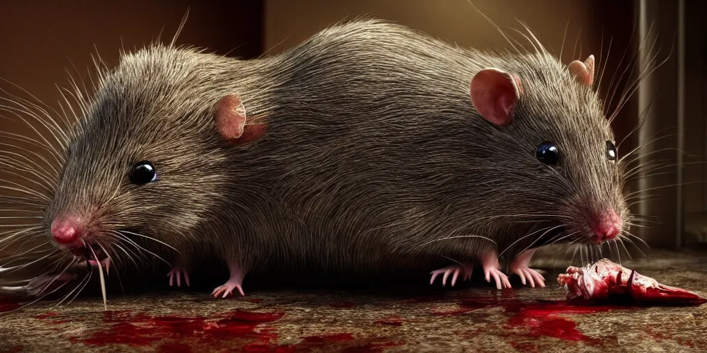 Prompt: a highly detailed photographic render of a human size rat eating a corpse in a living room, scary, gore, blood, rat man, horror sci-fi, horror science fiction, biology, horror, cinematic, cinematic horror, cinematic lighting, cinematic scene, cinematic render, film, horror film, beautifully lit, ray traced, octane 3D render, octane render, unreal engine