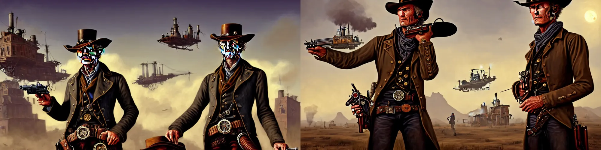 Prompt: portrait of a single steampunk gunslinger clint eastwood in hat posing on roof, matte painting of steam machines airships on background, by Antonio Caparo and tyler edlin and lindsey look, red dead redemption, victorian, concept art, steam romance, steam-punk illustration, detailed, 4k resolution, trending on artstation