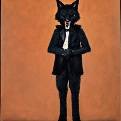 Image similar to portrait of a male anthro anthropomorphic black fox furry fursona with hands on eyes, wearing a suit, 1 9 7 0 s oil on canvas painting, by famous artist jylon denja