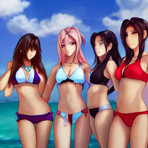 Image similar to beautiful aerith and tifa and jessie from final fantasy in a bikini on the beach making eye contact drawn by WLOP