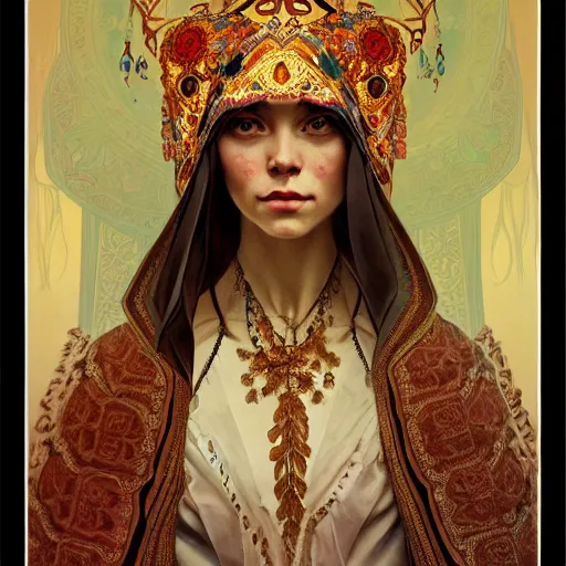 Image similar to a portrait of a female, upper half portrait, decorated with russian motifs, russian shaman, siberia, traditional russia, intricate, elegant, highly detailed, symmetry, headpiece, digital painting, artstation concept art smooth sharp focus, illustration, art by artgerm and greg rutkowski alphonse mucha 8 k