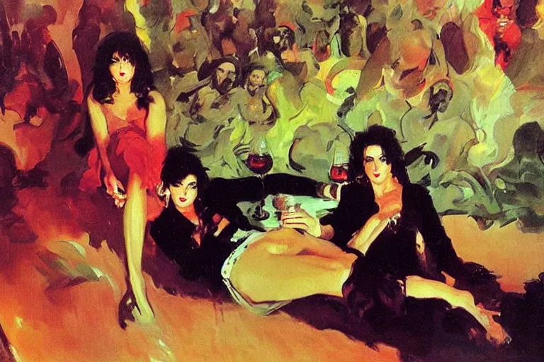 Image similar to glam rockers drinking brutal and raw wine, inside a green cave with red lights by joaquin sorolla, phil hale, extremely detailed