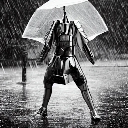 Image similar to a paladin wearing issey miyake armor in the rain, portrait, fashion photography, by martin parr