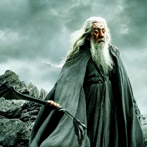 Prompt: Morgan Freeman as Gandalf the Grey fighting the balrog, still from Lord of the Rings movie, detailed, 4k