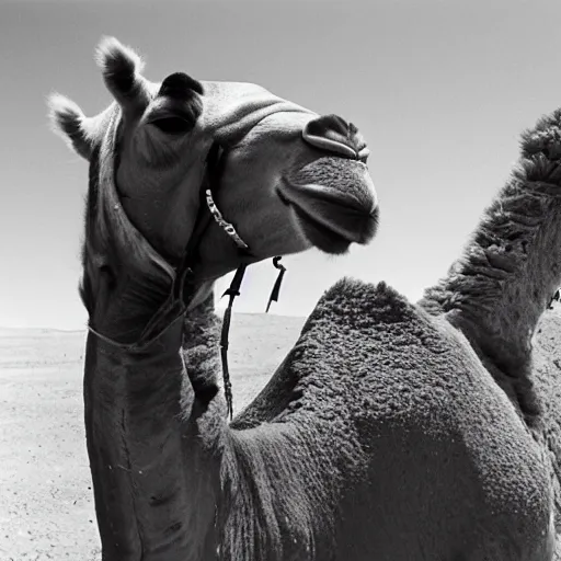 Prompt: An analog 1970 photography of a nomad anf a camel in the middle of Sahara, no clouds on the sky, hot temperature, no water, 70 mm, f/2.8, DLSR