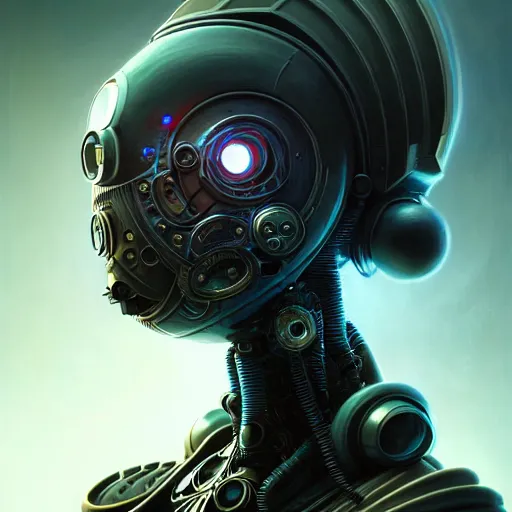 Image similar to low angle portrait shot of a cyberpunk gazmask robot character, intricate, elegant, highly detailed, centered, digital painting, artstation, concept art, smooth, sharp focus, illustration, artgerm, Tomasz Alen Kopera, Peter Mohrbacher, donato giancola, Joseph Christian Leyendecker, WLOP, Boris Vallejo