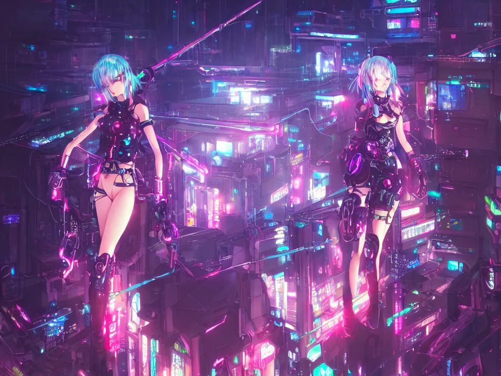 Prompt: anime key visual of futuristic cyber warrior girl, on cyberpunk tokyo rooftop, ssci - fi and fantasy, intricate and very beautiful, neon light, digital painting, artstation, concept art, smooth, illustration, art by rongzhen luo, rossdraws and huaixuan xiang and alphonse mucha and wlop